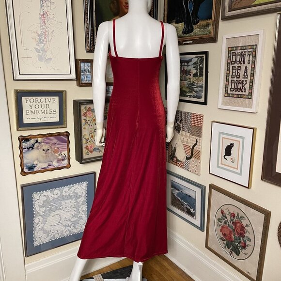 90s Vintage All That Jazz Red Stretch Velvet High Neck Column Maxi Dress Size S - Picture 4 of 6
